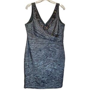Ignite Evenings Shimmery Silver Sleeveless Beaded V-Neck Midi Dress - Size 16